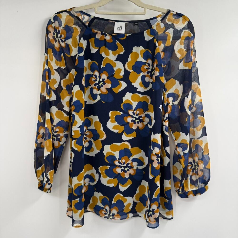Cabi Lydia Floral Chiffon Blouse Size L Navy Yellow Sheer 3/4 Sleeve Lined 3426